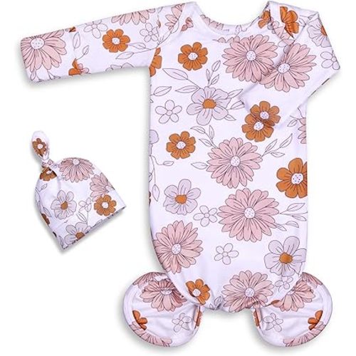 Newborn Baby Girl Gown 0-6 Months, Super Soft Newborn Sleepers Gown, Long Sleeve Infant Nightgown for Girls, Baby Girl Outfit Essential with Folding Gloves Hat Set Daisy