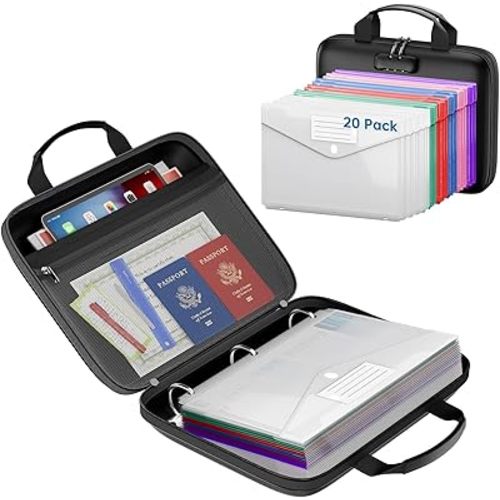 Binder Folders Organizer with 20 Pack Heavyweight Plastic Pockets,Fireproof File Folder Box with Lock,Zipper Binder Bag for Important Documents,Letter Size