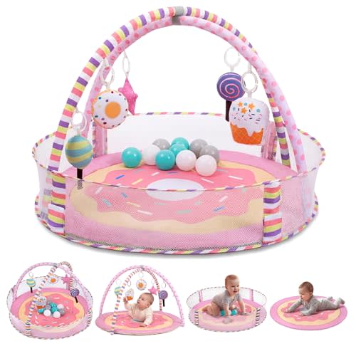4-in-1 Baby Play Mat & Baby Play Gym,Baby Girl Play Mat Activity Gym, Pink Donut Tummy Time Mat for Babies and Toddlers, Infant Activity Center for Newborn to Develop Motor Cognition