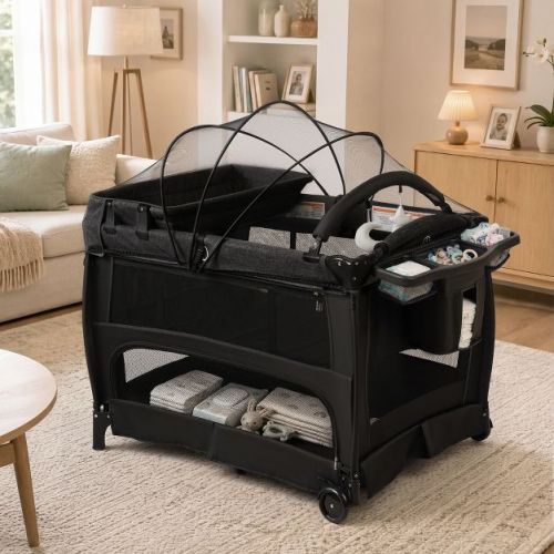 TODECARE 5-in-1 Baby Playard with Bassinet, Bedside Sleeper, Changing Table, Canopy & Side Zipper, Portable Baby Playard