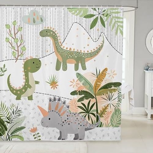 Feelyou Kids Cute Dinosaur Fabric Shower Curtain Cartoon Green Dinosaur Shower Curtain for Teens Cute Animal Bathroom Waterproof Accessories with 12 Hooks Coconut Plant Curtains,72x78 Inches