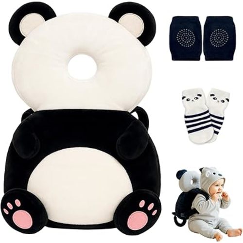 Baby Head Protector Backpack with a Pair of Non Slip Socks and Knee Pads, Baby Pillow Backpack for Falling, Crawling, Adjustable Toddler Head Protector for Infants 6–18 Months