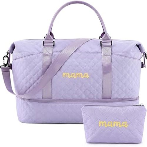 Mama Hospital Bag for Women Labor Delivery Travel Duffle Bag with Shoe Compartment and Toiletry Pouch Waterproof Letter Embroidered for Pregnancy Weekender Overnight Gym Gift, Purple