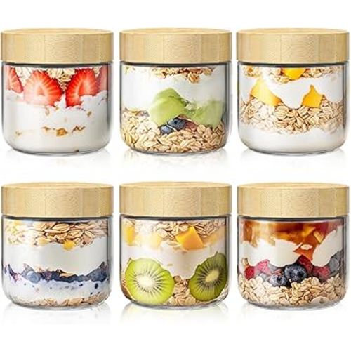 6 Pack 10oz Overnight Oats Containers with Bamboo Lids, Glass Jars with Airtight Lids for Meal Prep, Wide Mouth Mason Salad Jars, Glass Food Storage Container for Yogurt Chia Snacks Spice Sugar