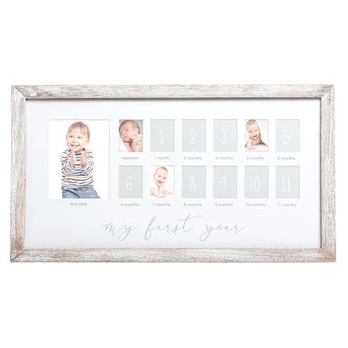 Pearhead My First Year Picture Frame, Baby's First Twelve Months Photo Collage and Gender Neutral Keepsake, Ideal for Baby Shower, New Mom Gift and Nursery Decor, Distressed Wood