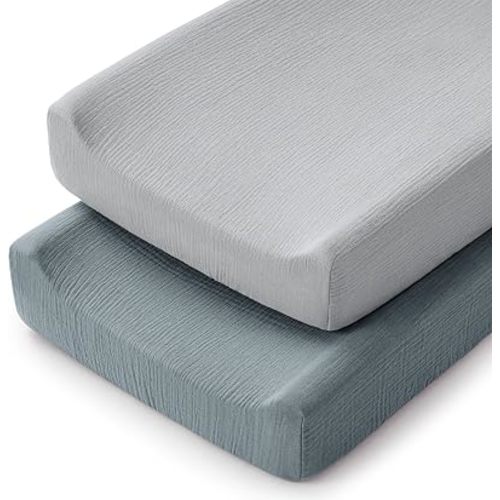 Comfy Cubs Muslin Fitted Changing Pad Cover Pack of 2, Pacific Blue and Heather - Soft, Breathable, Washable 100% Cotton Fitted Sheet for Comfort - Universal Fit for Flat & Curved Baby Changer Pad
