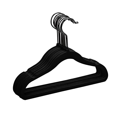 MIZGI Premium Kids Velvet Hangers (Pack of 50) with Black Hooks,Space Saving Ultra Thin,Non Slip Baby Hangers for Children's Skirt Dress Pants,Clothes Hanger(Black/Black)
