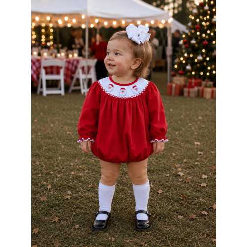 Santa Smocked Christmas Bubble in Red - Heirloom Girl Romper, Vintage Style, Matching Sibling 668 *B