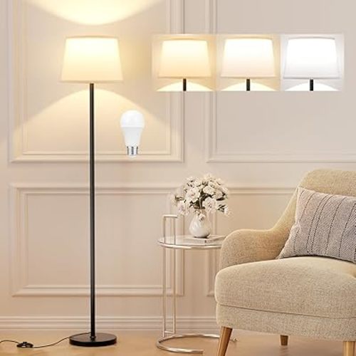 Floor Lamps for Living Room - 3 Color Temperatures Standing Lamp with White Shade, Modern Floor Lamp with LED Bulbs, Black Tall Lamp for Bedroom Office(9W Bulb Included)