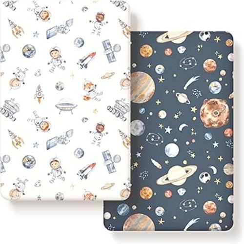 Stretchy Ultra Soft Jersey Knit Fitted Pack n Play Sheets Set 2 Pack, Portable/Mini Crib Sheets for Girls, Universal Fit for Pack N Plays Safe and Snug, Space Print