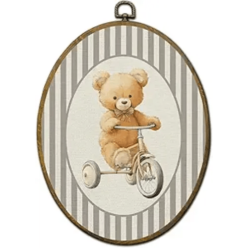 QZQE Bear Nursery Oval Wall Art Decor Framed, Kids Oval Canvas Prints, Whimsical Bear on Tricycle Neutral Striped Wall Hanging Decor for Kids Boys Toddler Room Bedroom Playroom, 8.6x11.4 Inch