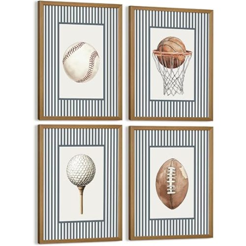 Nursery Sports Wall Art Toddler Boys Room Canvas Wall Decor Vintage Sports Prints Baseball Football Picture Golf Basketball Poster Painting Artwork for Kids Playroom Bedroom 8x10 In Framed Set of 4