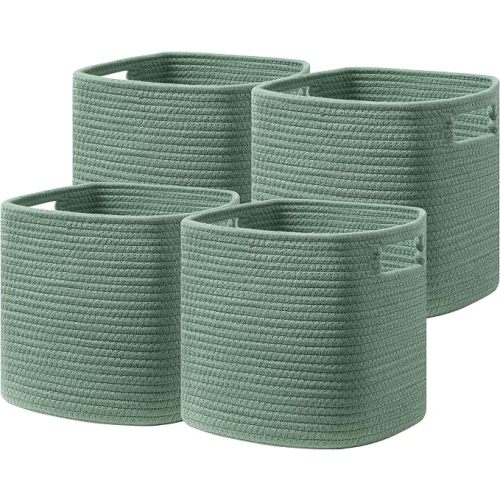 Set of 4 Storage Basket-11 X 10.5 X 10.5 In, Cotton Rope Basket for Shelves, Toys, Book, Cube Storage Bins with Handles, Woven Storage Basket for Organizing, Green