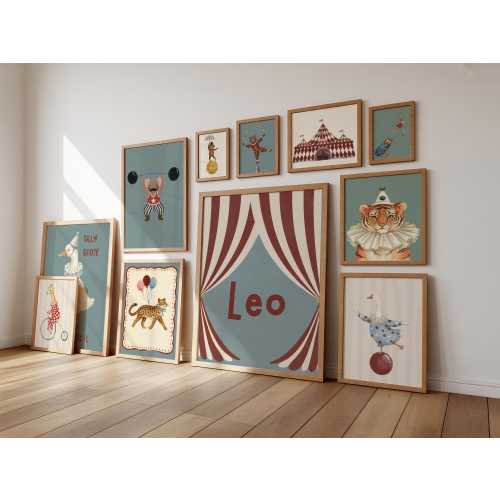 Personalized Vintage Circus Nursery Prints Set of 12, Whimsical Circus Posters, Children's Circus Theme Decor, Gender Neutral Playroom Decor
