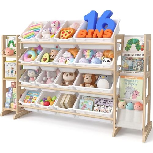 NUTIKAS Large Toy Storage Organizer with Bookshelf - 4 Shelves and 16 Bins Kids Solid Pine Wood Toy Organizer with 3 Tier Bookcase for Toddler, Playroom, Bedroom, Living Room, Nursery