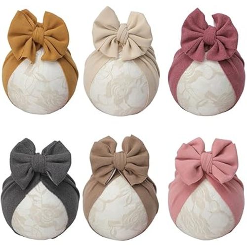 Baby Girls Hair Bow Turban Hat 6PCS Set, Top Bowknot Head Wrap Beanie India Caps for Infant Toddlers