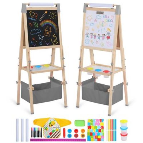 Kinder King Kids Art Easel Double-Sided Art Easel with Whiteboard and Chalkboard for Painting, Gray