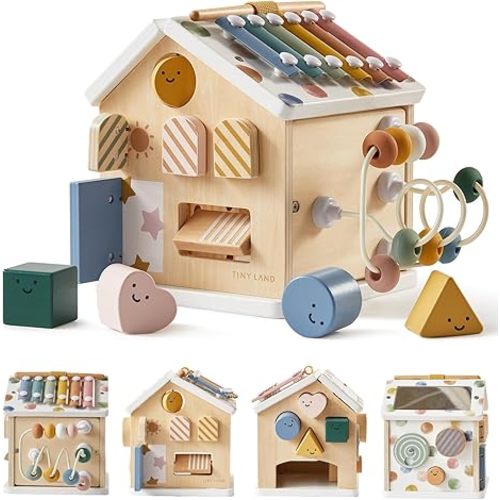 Tiny Land 9-in-1 Wooden Activity Cube, Montessori Baby Activity Center for 1+ Year Old, Educational Toy for Toddlers, Ideal Gift for Boys and Girls (Morandi)