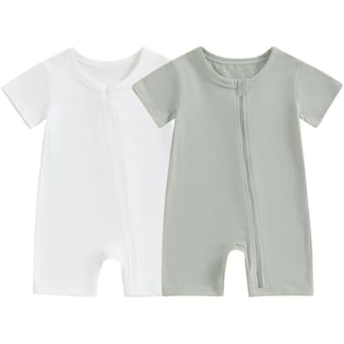 Merqwadd Baby Boy Girl 2 Pack Romper Short Sleeve Zipper Jumpsuit Plain Summer Clothes