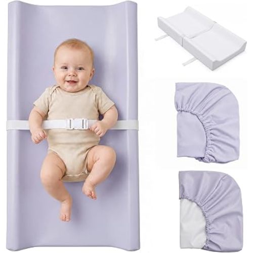 Baby Changing Pad, Includes 1 Waterproof Vegan Leather Cover & 1 Soft Velvet Cover, Standard Size Cozy Diaper Changing Pad with Non-Slip Bottom, Contoured Changing Pad for Dresser & Table, Purple