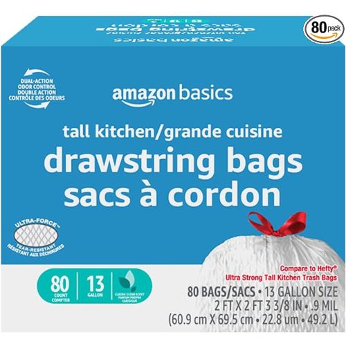 Amazon Basics Ultra-Force Tall Kitchen Drawstring Trash Bags, Classic Clean Scented, 13 Gallon, 80 Count with Odor Control