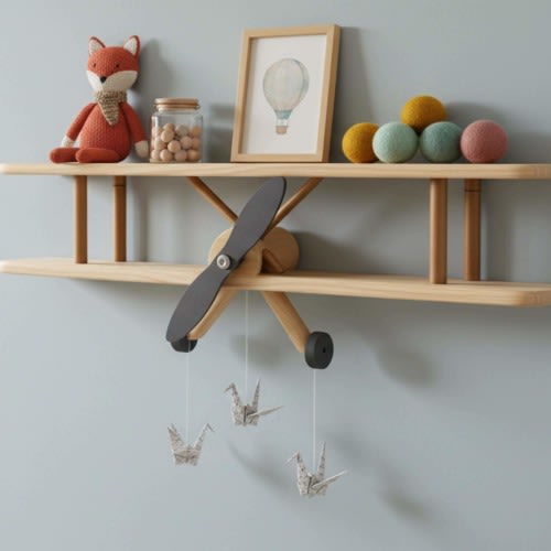 Airplane Wall Shelf - Toddler Wall Mounted Shelves - Hot Air Balloon Nursery Decor - Wooden Kids Floating Shelves -Hanging Nursery Bookshelf