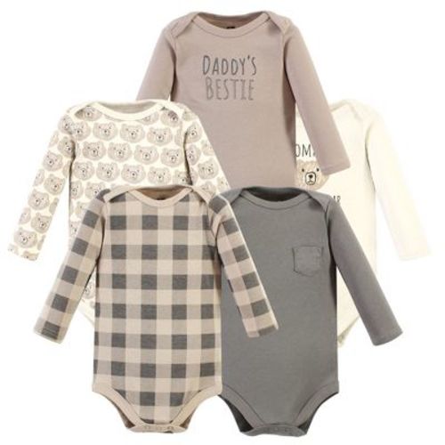 Hudson Baby Basics Infant Baby Cozy Long Sleeve Bodysuits 5-Pack, Cozy Bear Hug, 9-12 Months