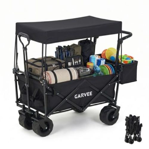 Collapsible Wagon Cart Max 220lb Load & Expandable Storage, Foldable Heavy Duty Garden Cart with Cup Holders for Groceries, Garden & Camping