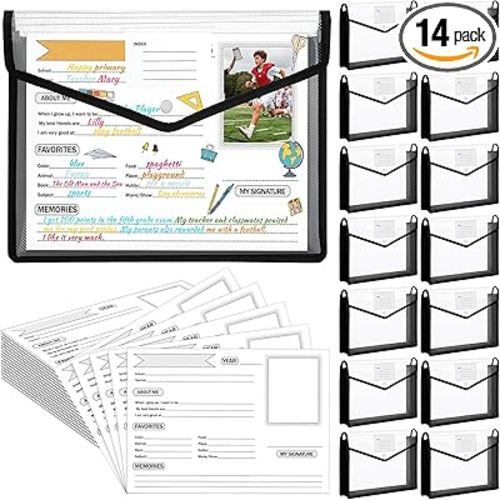 14 Pack K-12 School Memory Box Large Capacity with 16 Memory Questionnaires School Year Organizer Keepsake Scrapbook from Pre to 12th Grade Clear Expanding File Picture Folder (Black)