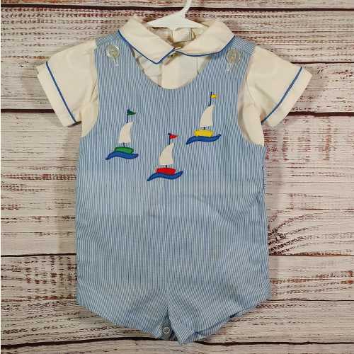 Vintage Baby Jumper / Baby Overall Shirt Set  / 1980s 80s Baby Outfit / Blue White / 18M 18 Months