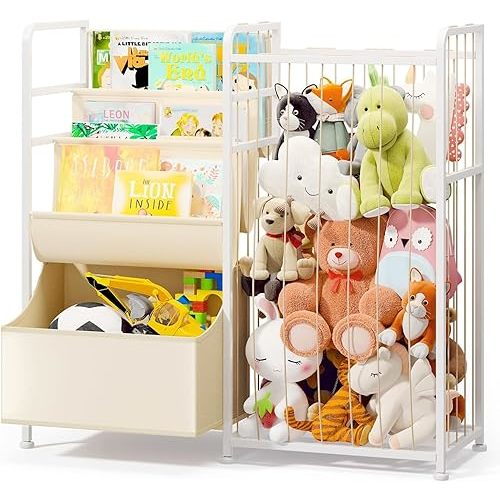 BBLIKE Kids Bookshelf and Stuffed Animal Storage - Multi-Function Nursery Book Shelves with Toy Box and PVC Book Display, Toy Organizer for Playroom, Bedroom, Nursery, Beige