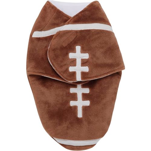 Ultra Soft 2 Ply Plush Swaddle Blanket with Football Embroidery for Baby, Brown and White, 0-3M