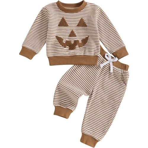 MERSARIPHY Toddler Baby Boy Girl Halloween Outfit Long Sleeve Stripes Pumpkin Sweatshirt Pants Set Infant Fall Winter Clothes (Brown, 3-6 Months)