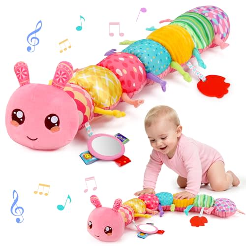 Baby Girls Toys 0-6 Month Music Animal Stuffed Caterpillar Toy for Infant 0-3 3-6 Months with Mirror Crinkle Rattle Tummy Time Sensory Toys for 3 4 5 6-12 Month Old Newborn Baby Shower Birthday Gifts