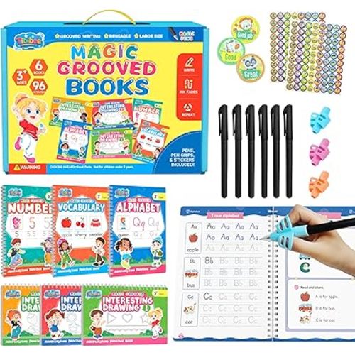Magic Grooved Writing Practice for Kids Ages 3–8, Reusable Handwriting Workbooks with Deep Tracing Grooves – Letters, Numbers, Math & Drawing – Disappearing Ink Pens & Grips – Great Gifts for Kids