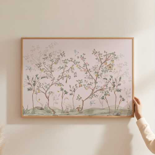 Woodland Girl Nursery Wall Art Soft Pink Storybook Artwork Chinoiserie Baby Room Decor Vintage Cottagecore Nursery Illustration CHO1-A1