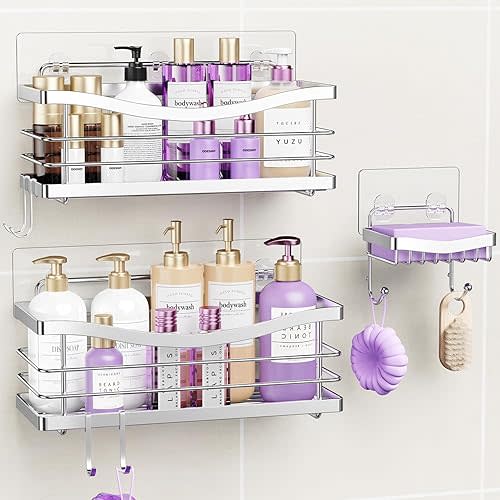 Shower Caddy 3 Pack-Shower Organizer Shelves Rack Rustproof SUS304 Stainless Steel for Bathroom Storage&Kitchen-No Drilling Adhesive Shower Caddy Shelf Dorm Room Essentials-Silver