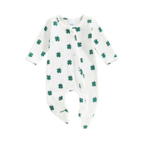Bslissey Baby Boys Girls Ireland Festivals Footed Jumpsuit 3M 6M 9M 12M Infant Shamrock Print Long Sleeve Zipper Onesie Rompers Newborn Casual Spring Fall Outfit