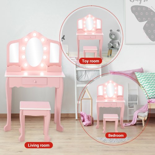 Kids Vanity with Light, Girls Vanity Set with Mirror, Stool Drawer and Pretend Makeup Playset, Wooden Princess Makeup Desk