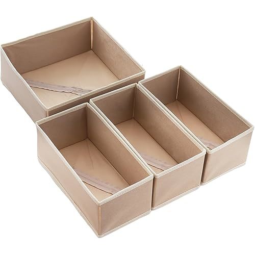 Clothes Drawer Organizer Set of 4 Beige, Small Fabric Storage Bins, Dresser Drawer Dividers for Baby Clothing Bra Socks and Underwear Women
