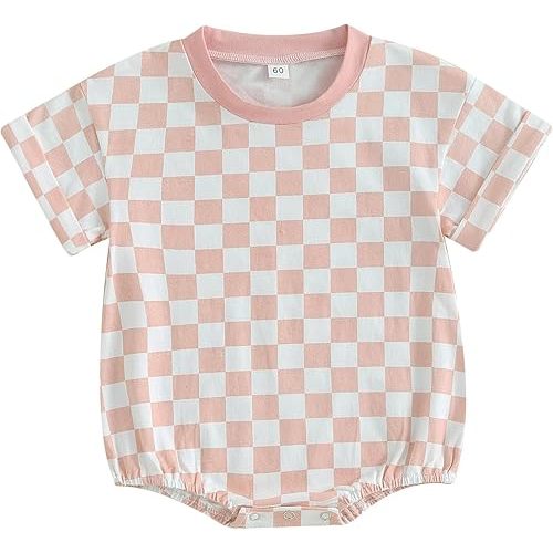Karuedoo Newborn Baby Boy Girl Clothes Checkered T-Shirt Bubble Romper Oversized Short Sleeve Onesie One-Piece Summer Outfit