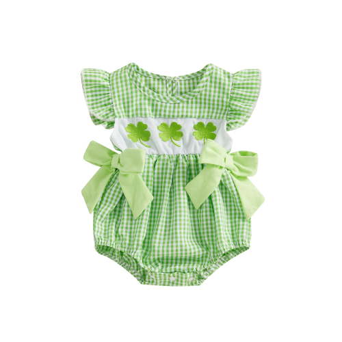Jxzom St Patricks Day Baby Girl Outfit Infant Smocked Bubble Romper Newborn Plaid Bodysuit Cute Toddler Summer Clothes