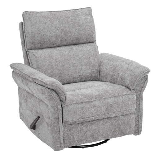 Oversized Recliner Chair, 26" Extra Wide 360° Swivel Rocker Recliner with Adjustable Headrest, Chenille Glider Rocking Nursery Chair with Overstuffed Armrest, Lumbar Support, Light Gray