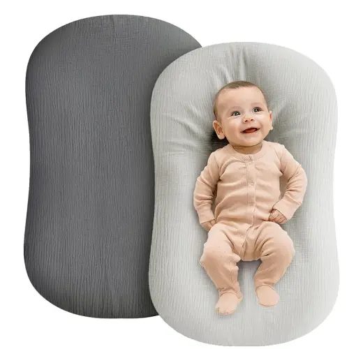 Muslin Baby Lounger - 2 Pack Organic Cotton Pillow Lounger for Newborn - Soft and Breathable - Covers Only