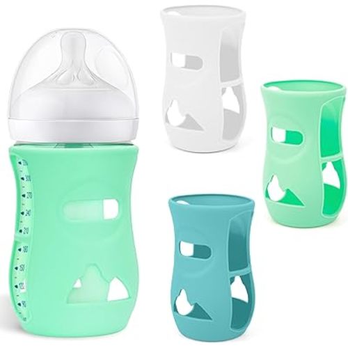 Silicone Sleeves for Avent Natural Glass Baby Bottles, BPA Free, Anti Breakage Baby Bottle Holder (Blue + Green + White, 8 Ounce)