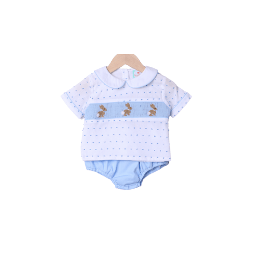 Smocked Swiss Dot Blue Bunny Boy Diaper Set