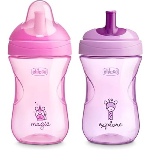 Chicco Sport Spout Trainer with Semi-Firm, Bite-Resistant Spout and Spill-Free Lid 9oz.| Top-Rack Dishwasher Safe | Easy to Hold with Ergonomic Indents | Pale Pink/Lavender, 2pk | 9+ months