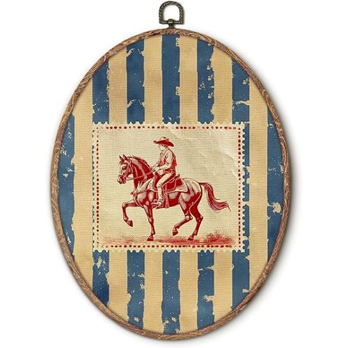 Hxlac Vintage Western Cowboy Oval Wall Art Framed, Rustic Western Oval Wall Decor, Blue Striped Cowboy Rodeo Canvas Prints Wall Sculptures for Home Bedroom Living Room Decor, 8.5x11.5 Inch