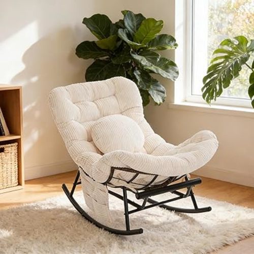 Rocking Chair Nursery, Oversized Patio Rocker Recliner Chair with Footstool, Glider Chair with Pillow & Side Pocket for Living Room, Nursery, Breastfeeding (Beige)