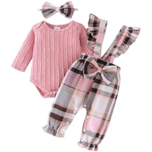 Baby Girl Clothes Newborn Suspender Overalls Long Sleeve Ribbed Romper Fall Winter Outfits Bow Headband 0-18 Months